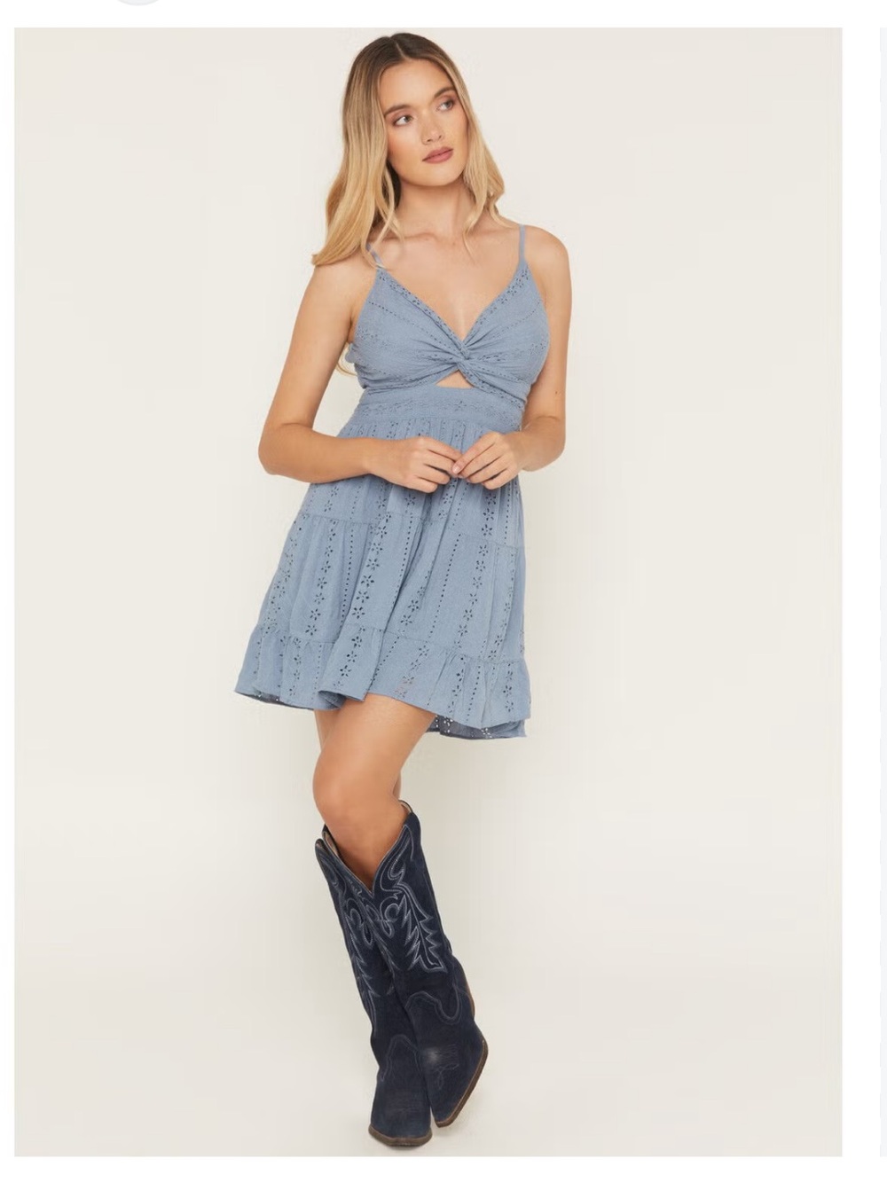 Ardene Dusty Blue Eyelet Tie-Front Mini Dress